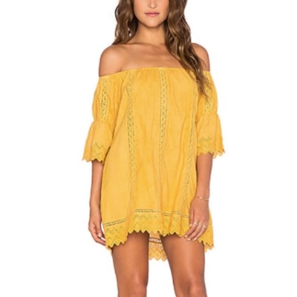 Tularosa Isabella Marigold Off Shoulder Eyelet Trim Mini Dress
